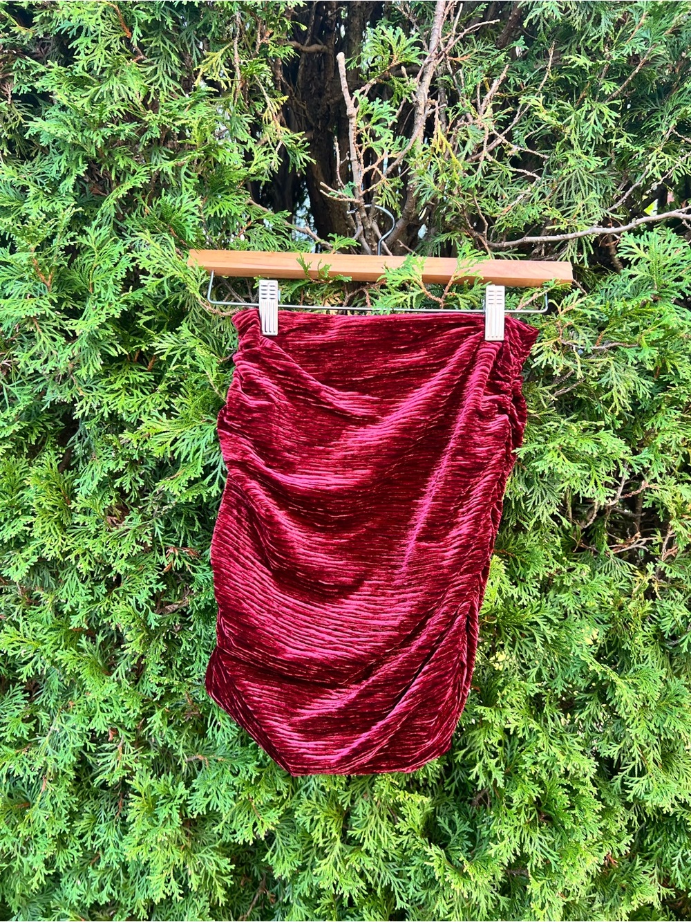 naked wardrobe Wine Red Ruched Velvet Mini Skirt